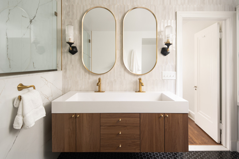 Historic Homeland Full Home Remodel - Transitional mosaic tile floor, black floor and double-sink bathroom photo in Baltimore with flat-panel cabinets, medium tone wood cabinets, a trough sink, white countertops and a floating vanity