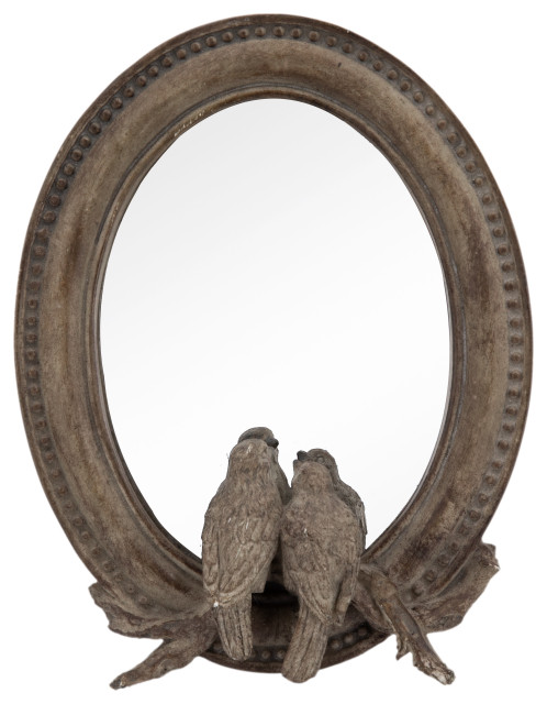 Benzara BM285549 10" Resin Oval Accent Table Mirror, Perched Birds, Dark Bronze