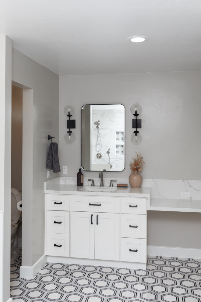 Inspiration for a large rural ensuite bathroom in San Diego with shaker cabinets, white cabinets, a freestanding bath, a corner shower, white tiles, ceramic tiles, grey walls, vinyl flooring, a built-in sink, quartz worktops, grey floors, an open shower, white worktops, a shower bench, double sinks and a built in vanity unit.