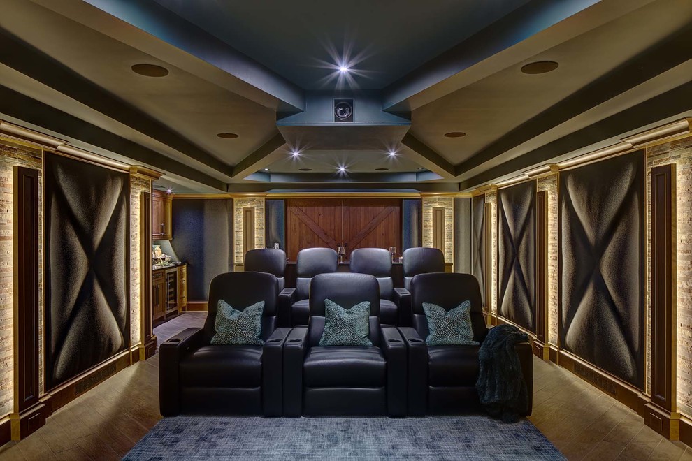 Example of a large transitional open concept porcelain tile and brown floor home theater design in New York with blue walls and a projector screen