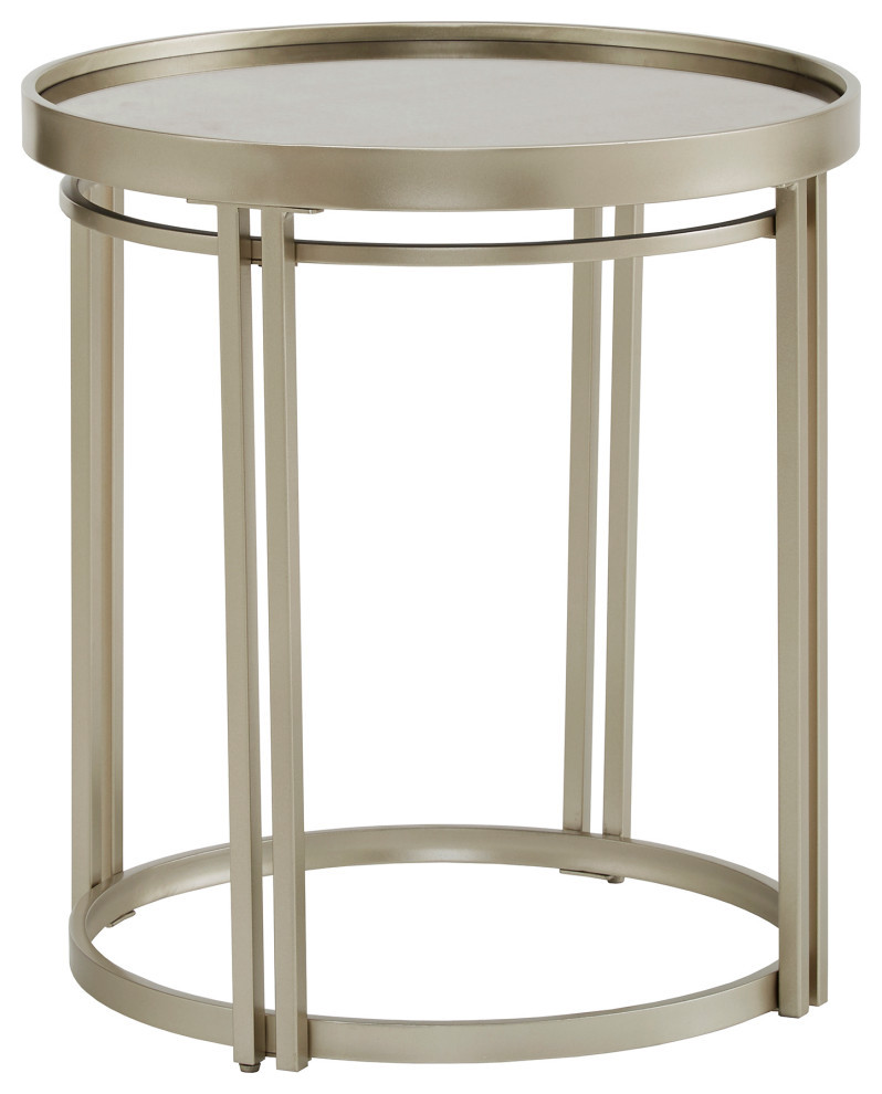 Milbourne Champagne Silver Finish Round Antique Mirror Top End Table