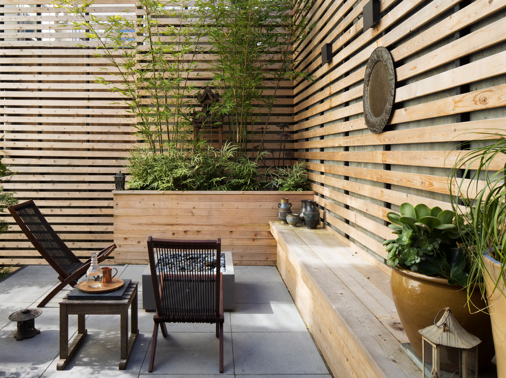Inspiration for a zen concrete paver patio remodel in San Francisco with a fire pit and no cover
