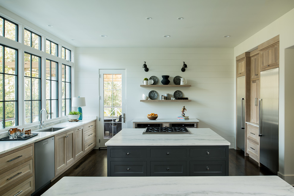 Inspiration for a transitional kitchen in Atlanta with an undermount sink, recessed-panel cabinets, grey cabinets, marble benchtops, medium hardwood floors, multiple islands and white benchtop.