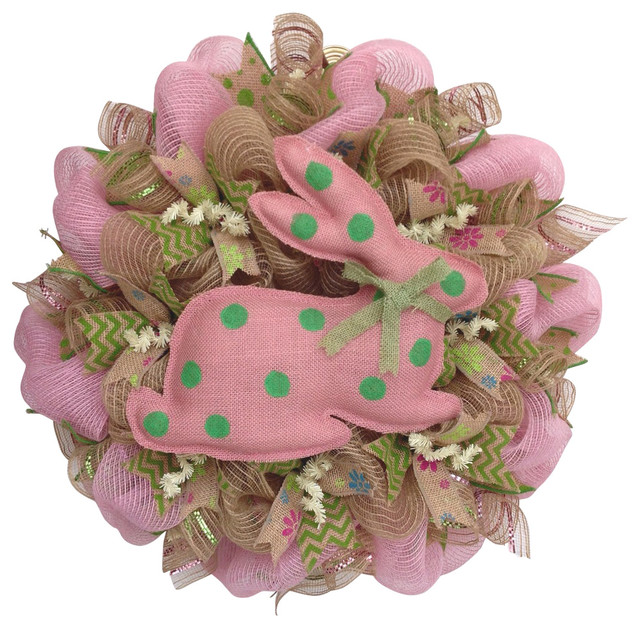 Pink Burlap Bunny With Green Polka Dots Easter Deco Mesh Wreath