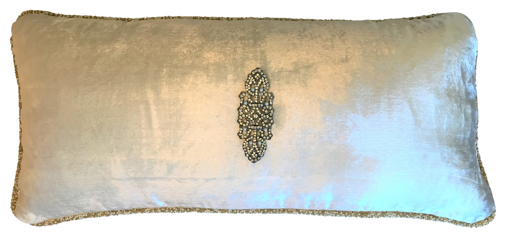 Ivory Handbeaded Velvet Pillow, Removable Pin, Ivory-Pearl