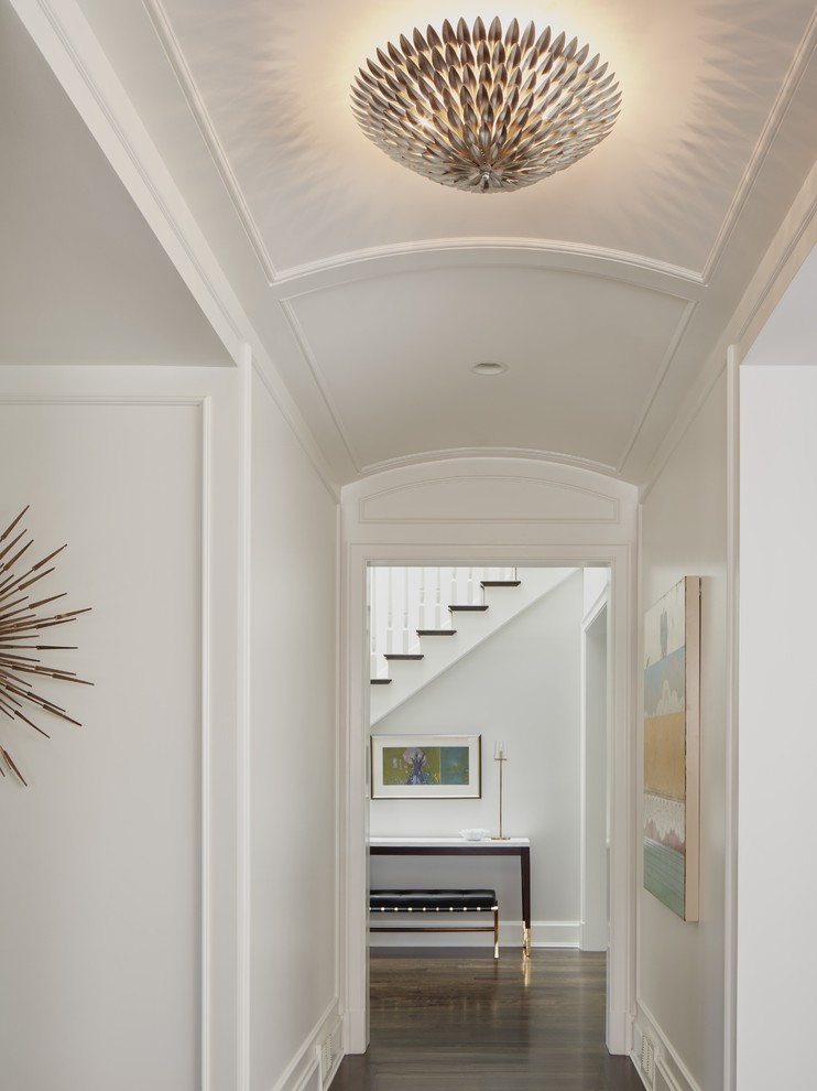 Photo of a transitional hallway in Chicago with dark hardwood floors.
