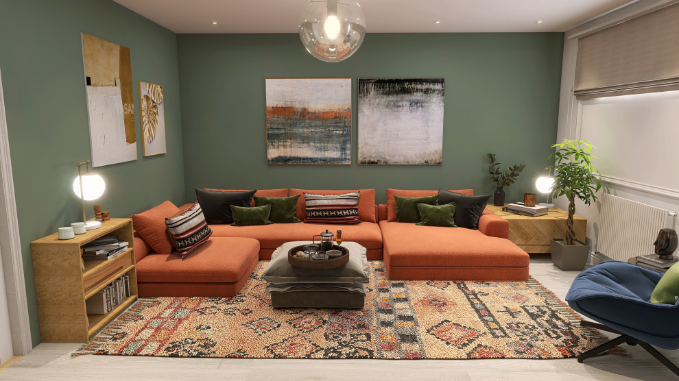 New build living room, dark green decor and orange velvet sofa