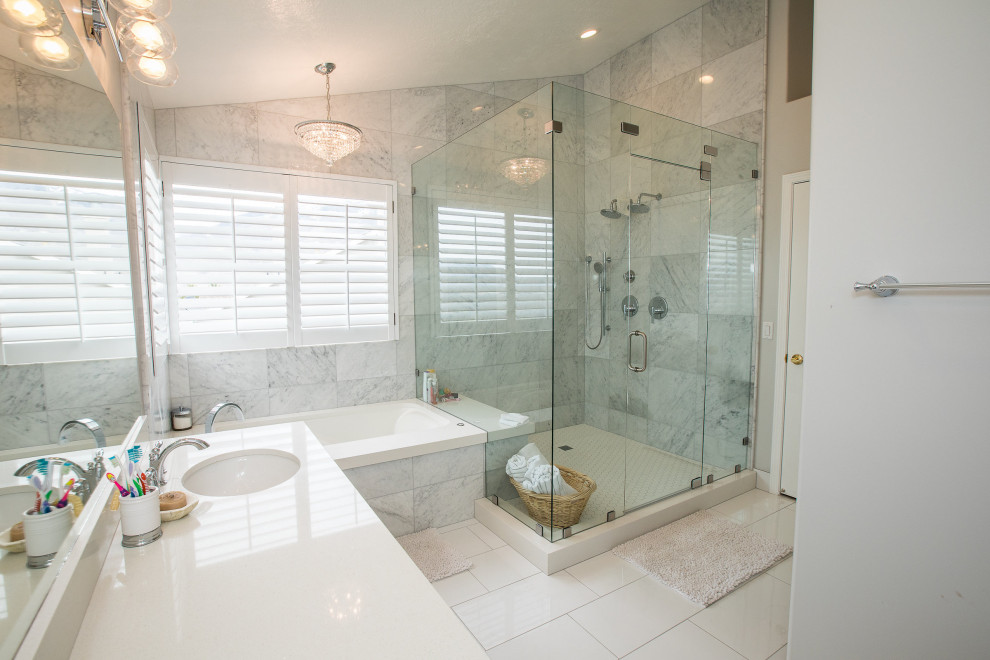 Inspiration for a large classic ensuite bathroom in Salt Lake City with shaker cabinets, white cabinets, a built-in bath, a double shower, grey tiles, marble tiles, white walls, ceramic flooring, a submerged sink, quartz worktops, white floors, a hinged door, white worktops, a shower bench, double sinks and a built in vanity unit.
