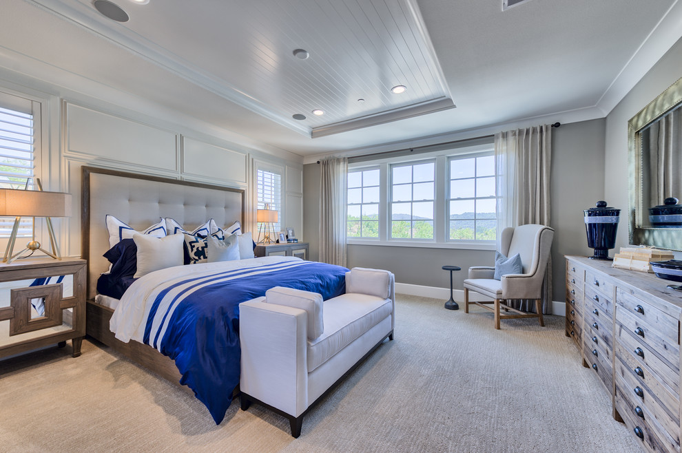 Large transitional master bedroom in San Francisco with grey walls and carpet.