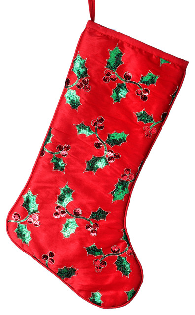 22" Embroided Sequin Holly Vine Stocking 2 Piece Set