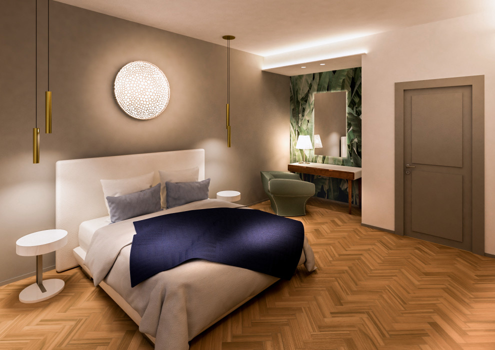 Inspiration for a large modern master bedroom in Florence with white walls, dark hardwood flooring and brown floors.