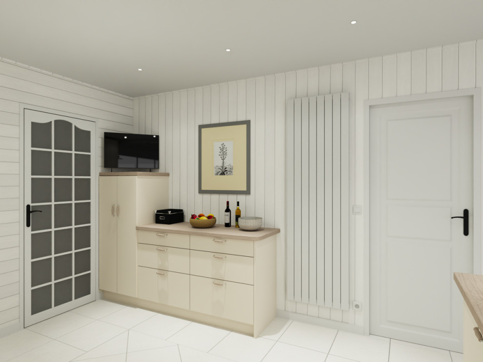 Réalisation de cuisine américaine in L With un évier 2 bacs, un placard à porte plane, des portes de placard beiges, un plan de travail en bois, une crédence blanche, une crédence en céramique, un électroménager noir, un sol en carrelage de céramique, îlot, un sol blanc, un plan de travail beige and un plafond à caissons.