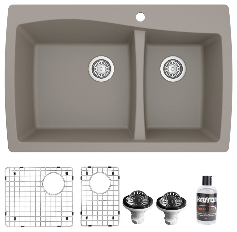 Karran Drop-In Quartz 34" 1-Hole 60/40 Double Bowl Sink Kit, Concrete