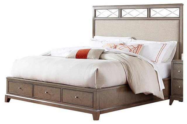 Ezra California King Size Upholstered Platform Storage Bed Driftwood