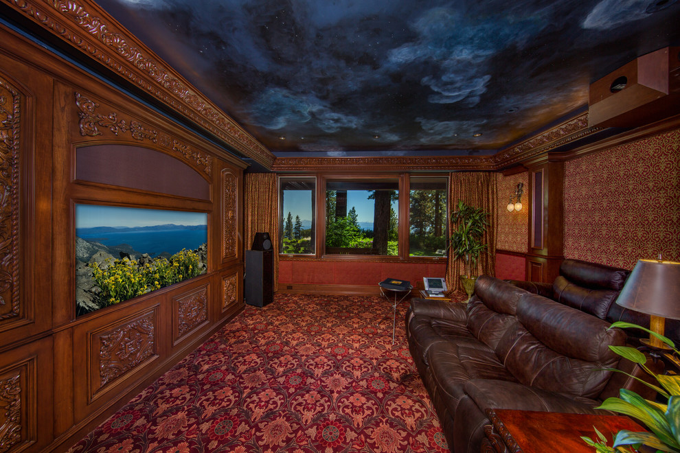 Photo of a mid-sized country enclosed home theatre in Sacramento with brown walls, carpet, a projector screen and multi-coloured floor.