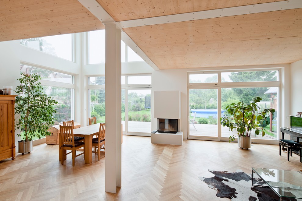 Photo of an expansive scandinavian dining room in Berlin with white walls, light hardwood floors, a standard fireplace, a plaster fireplace surround and brown floor.