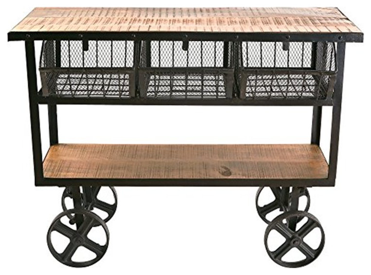 Kitchen Cart, Unique Design With Metal Frame & Open Shelves, Natural/ Black