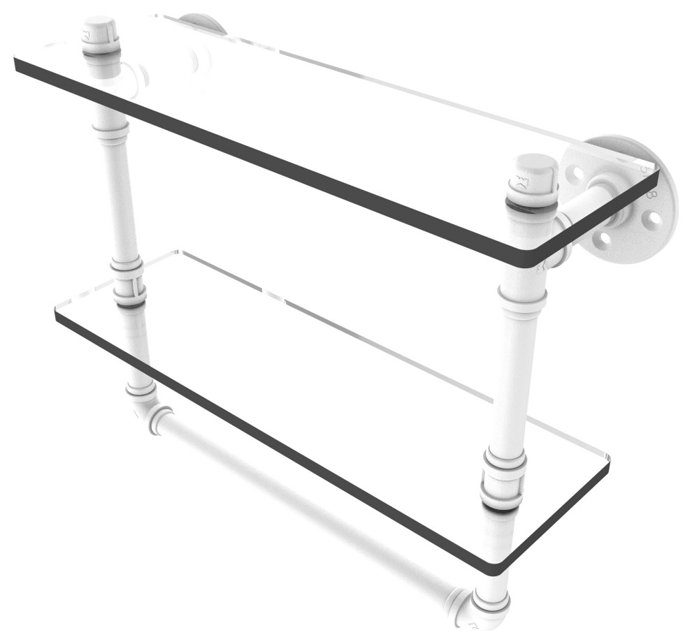 Pipeline Doulbe Glass Shelf with Towel Bar, Matte White, 16"