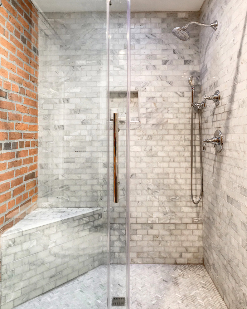 Design ideas for a contemporary bathroom in Columbus with an alcove shower, gray tile, stone tile and marble floors.