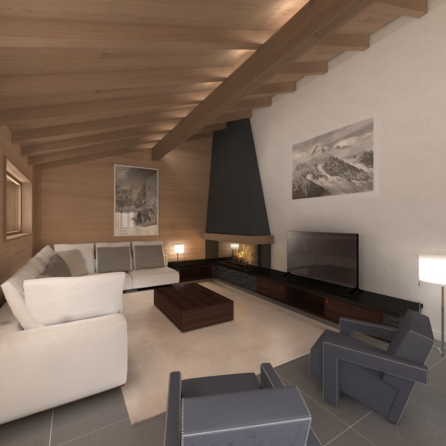 Extension d'un Chalet rustik-vardagsrum