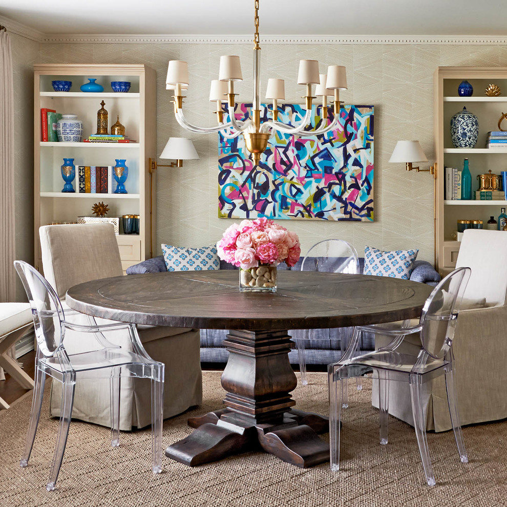 Transitional dining room in Charlotte with beige walls.