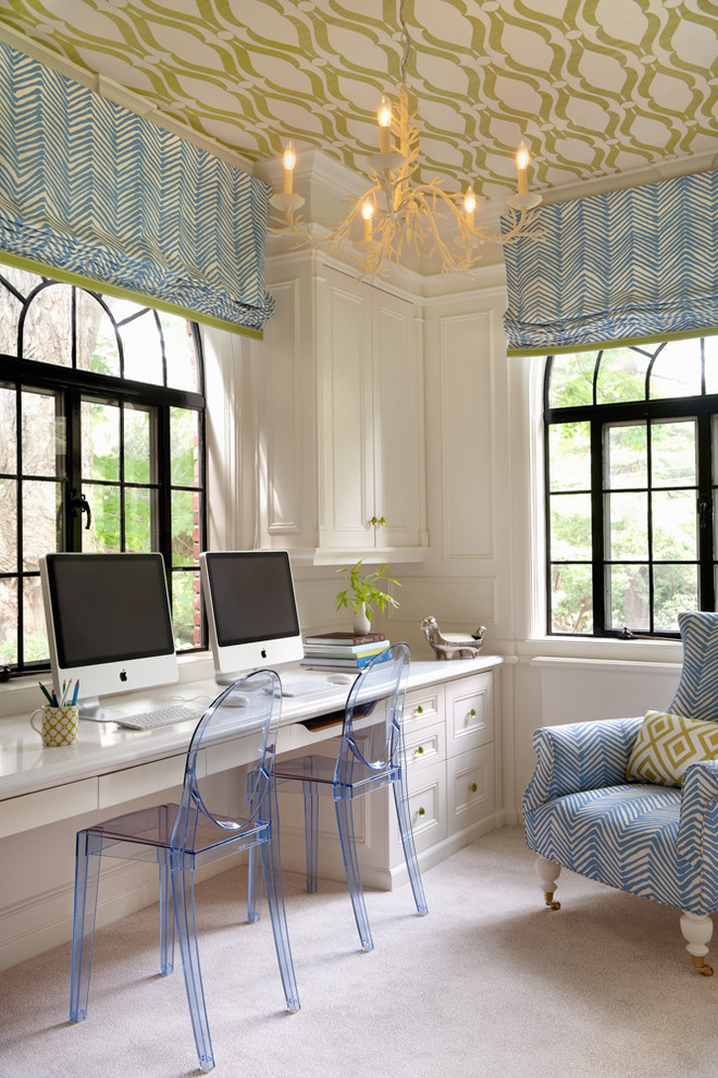 Inspiration for a transitional home office in Boston with white walls, carpet and a built-in desk.