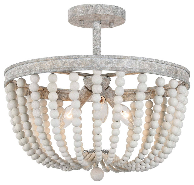 White Wood Beads Semi Flush Ceiling Lighting Rustic and Farmhouse ...