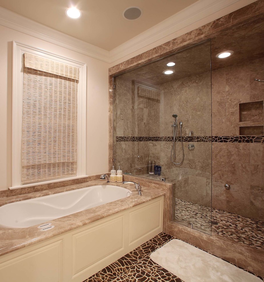 Design ideas for a large traditional master bathroom in Raleigh with recessed-panel cabinets, white cabinets, an alcove tub, a corner shower, a one-piece toilet, white tile, ceramic tile, beige walls, an undermount sink and engineered quartz benchtops.