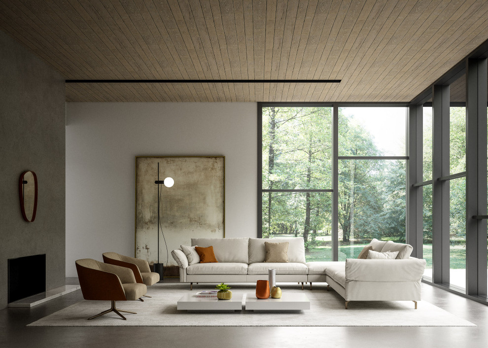 Großes Modernes Wohnzimmer im Loft-Stil mit grauer Wandfarbe, Betonboden, Gaskamin, Kaminumrandung aus Beton, grauem Boden, Kassettendecke und vertäfelten Wänden in Mailand