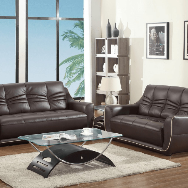 61'" X 39'" X 36'" Modern Brown Leather Sofa And Loveseat
