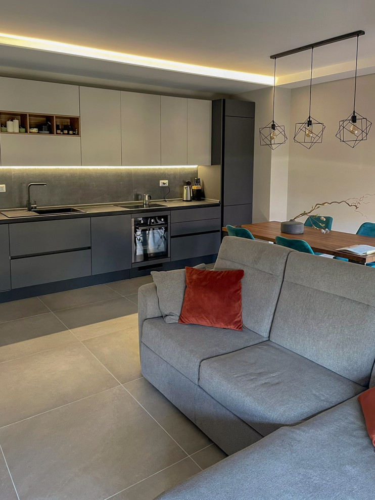 This is an example of a mid-sized contemporary open concept living room in Other with grey walls, porcelain floors and grey floor.