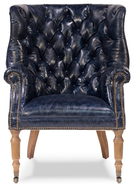 Grain Leather Navy Blue Tufted Back, Blue Leather Arm Chair