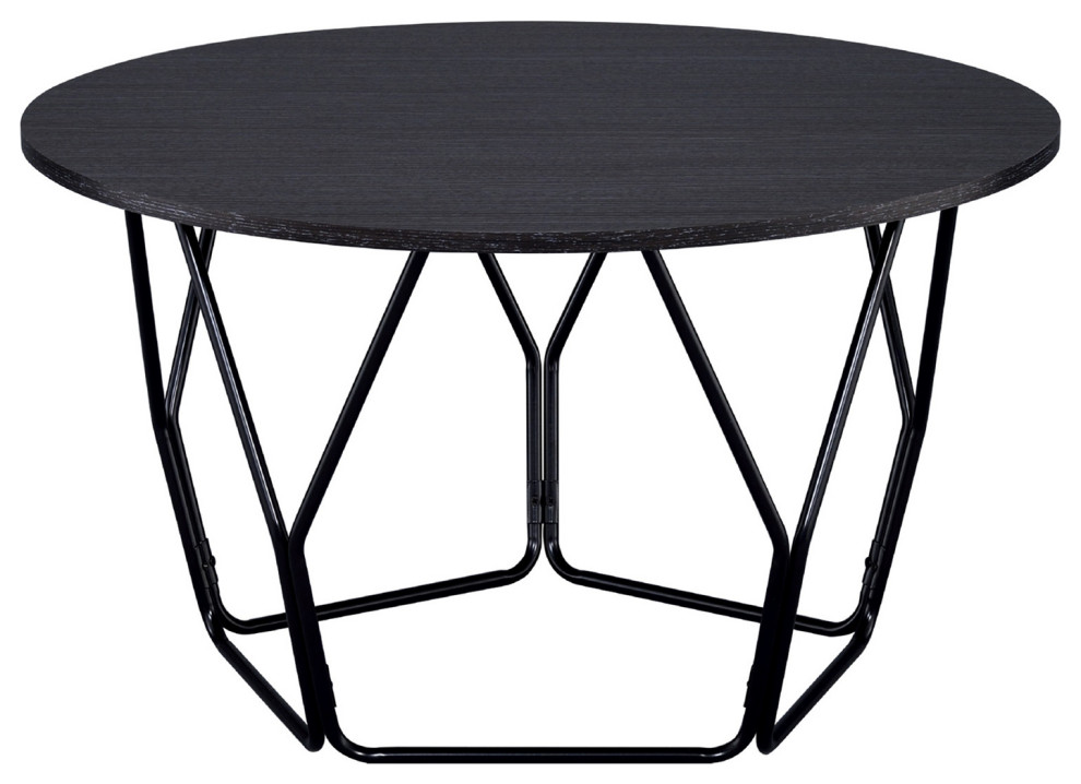 Round Wood Coffee Table With Metal Base, Espresso/Black Transitional