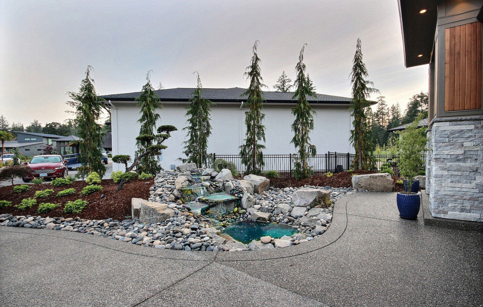 Ispirazione per un grande giardino formale minimalista esposto in pieno sole nel cortile laterale in estate con una cascata, pavimentazioni in cemento e recinzione in metallo