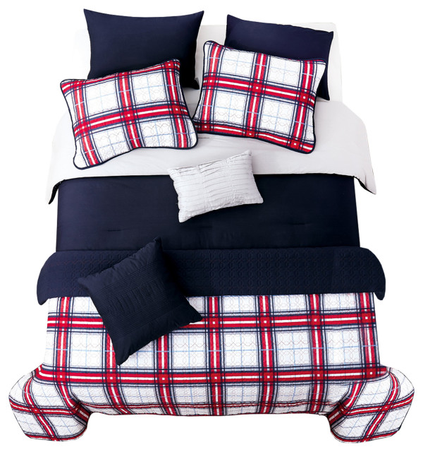 8 Piece Queen Comforter and Coverlet Set with Plaids Pattern, Navy Blue