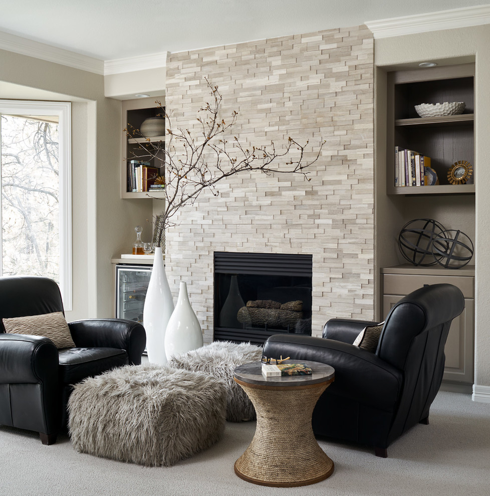 Transitional living room in Denver with beige walls, carpet and a standard fireplace.
