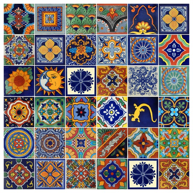 100 mixed set assorted mexican handmade TALAVERA CLAY TILE folk art 4x4" 
