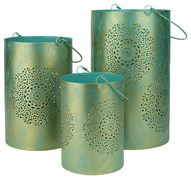 Set of 3 Turquoise Blue and Gold Floral Cut-Out Pillar Candle Lanterns 10"