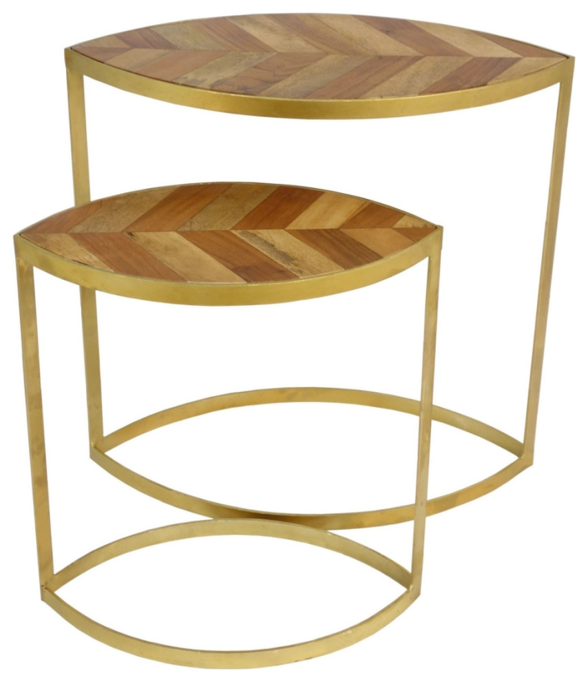 25 20 Inch 2 Piece Oval Nesting Side Table Set Metal Frame Brown Gold