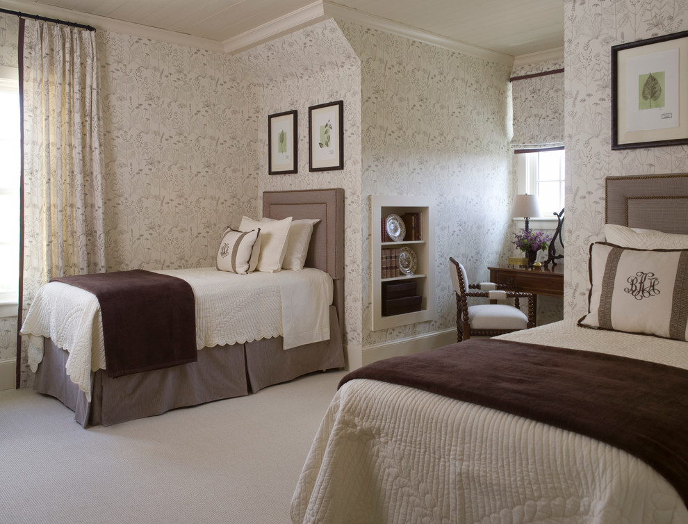 Large traditional guest bedroom in Raleigh with white walls and dark hardwood floors.