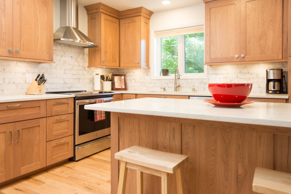 Transitional u-shaped kitchen photo with an undermount sink and an island