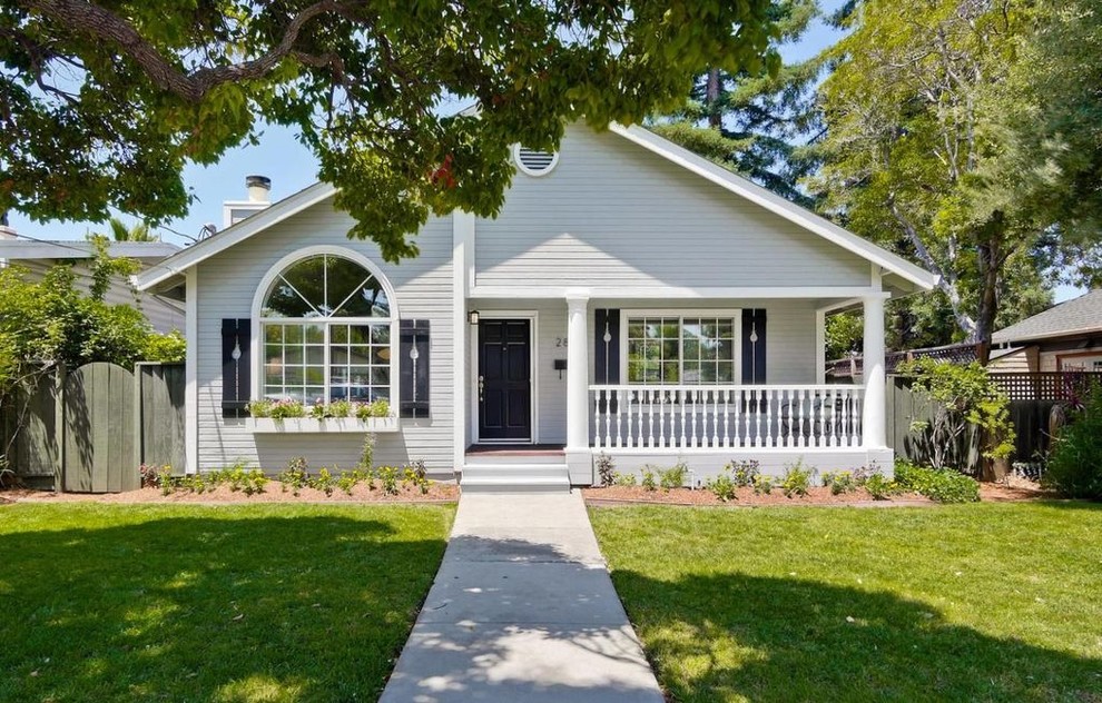 Small traditional gray one-story wood exterior home idea in San Francisco with a shingle roof