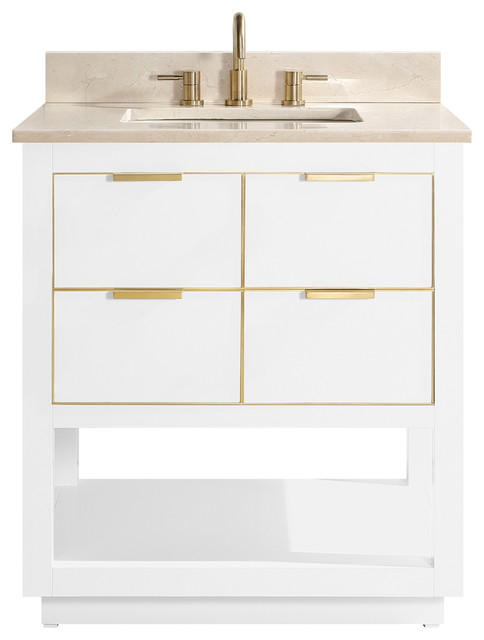 Avanity Allie 30 in. Vanity in White with Gold Trim and Crema Marfil Marble Top