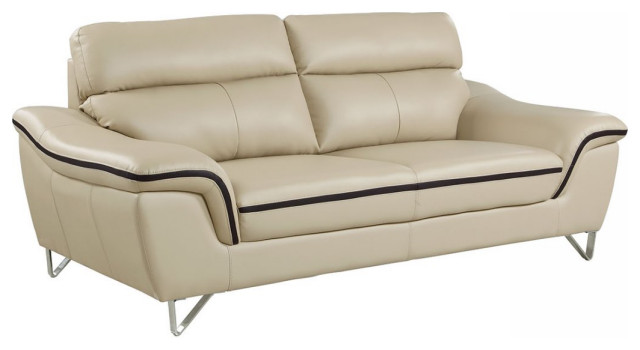 86" Beige And Silver Faux Leather Sofa