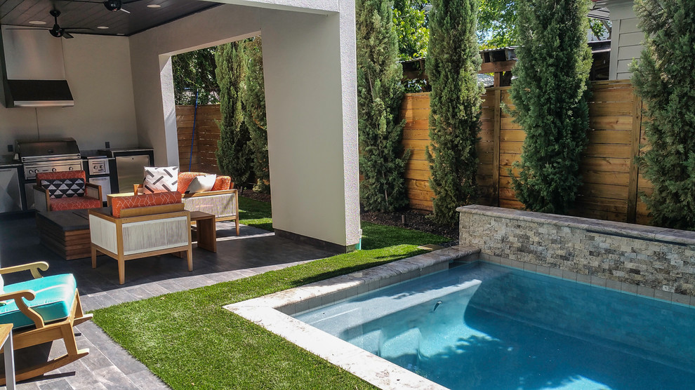 Small modern backyard rectangular pool in Houston.