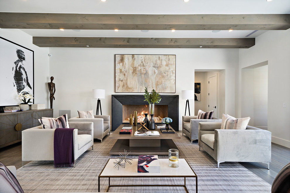 Inspiration for a contemporary formal living room in Orange County with white walls, a ribbon fireplace and no tv.