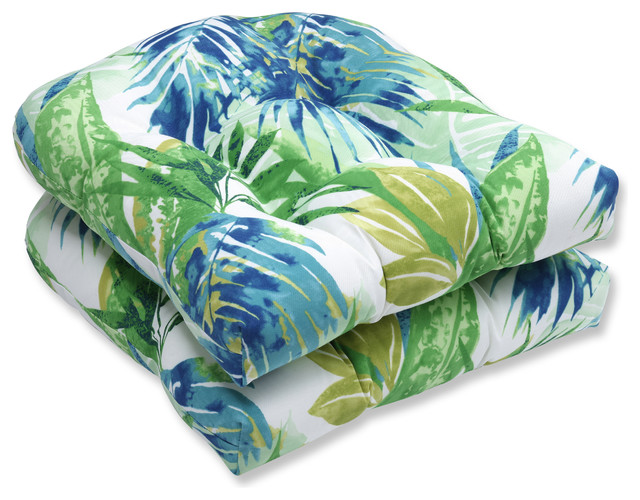 Soleil Blue/Green Wicker Seat Cushion, Set of 2, 19"x19"x5" Tropical Outdoor Cushions And