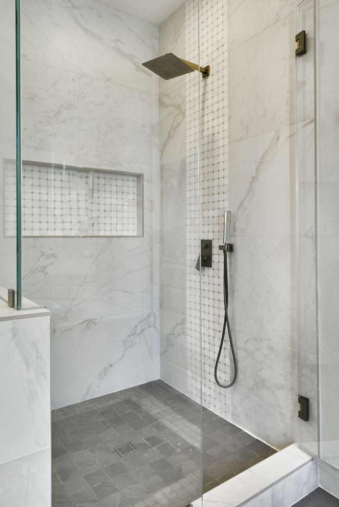 Photo of a large transitional master bathroom in San Francisco with raised-panel cabinets, brown cabinets, an undermount tub, an alcove shower, a one-piece toilet, white tile, porcelain tile, grey walls, porcelain floors, an undermount sink, engineered quartz benchtops, grey floor, a hinged shower door, grey benchtops, a shower seat, a double vanity and a built-in vanity.