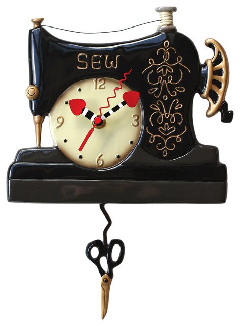 Allen Designs Vintage Stitch Sewing Machine Pendulum Wall Clock