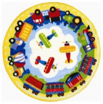 L.A. Rugs Round Trains, Planes & Trucks Kids Area Rug